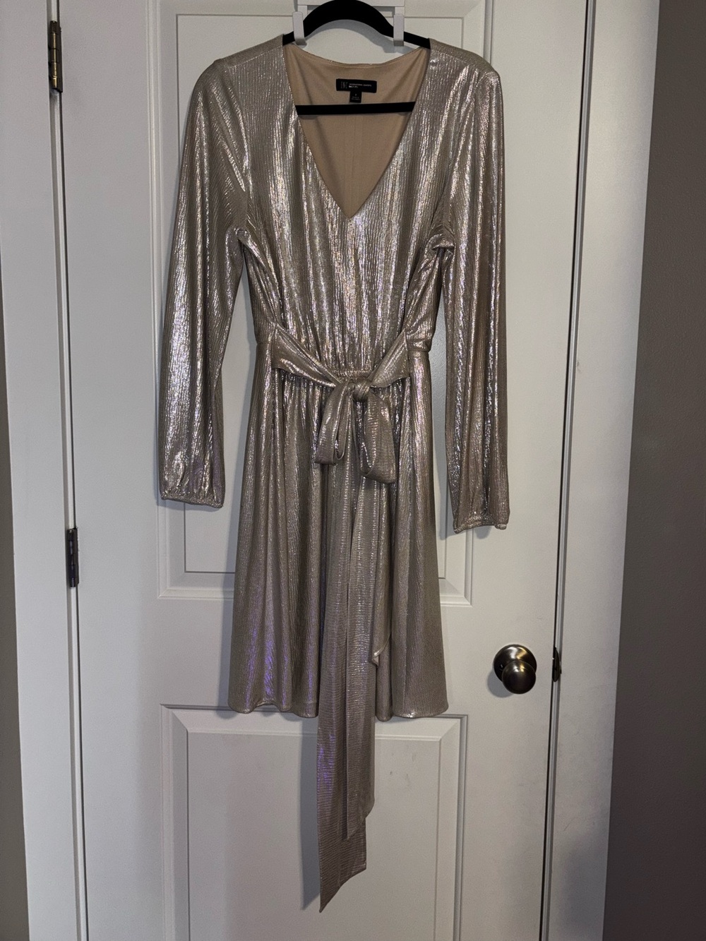 INC International Concepts Metallic Silver Long Sleeve Wrap Dress